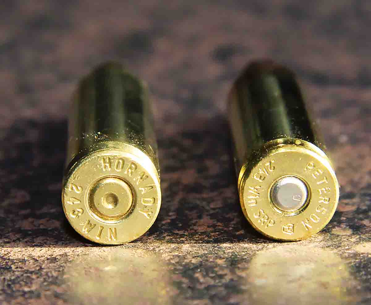 The vast majority of 243 Winchester cases are primed with large rifle primers, like the Hornady case (left). Patrick used Peterson Cartridge Small Rifle primer brass (right) for this test.